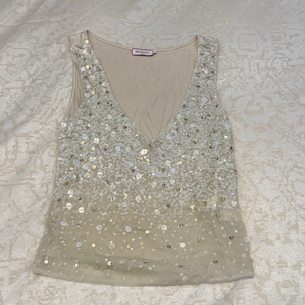 Max & Co. Cream Sequin Sleeveless Top Sz M